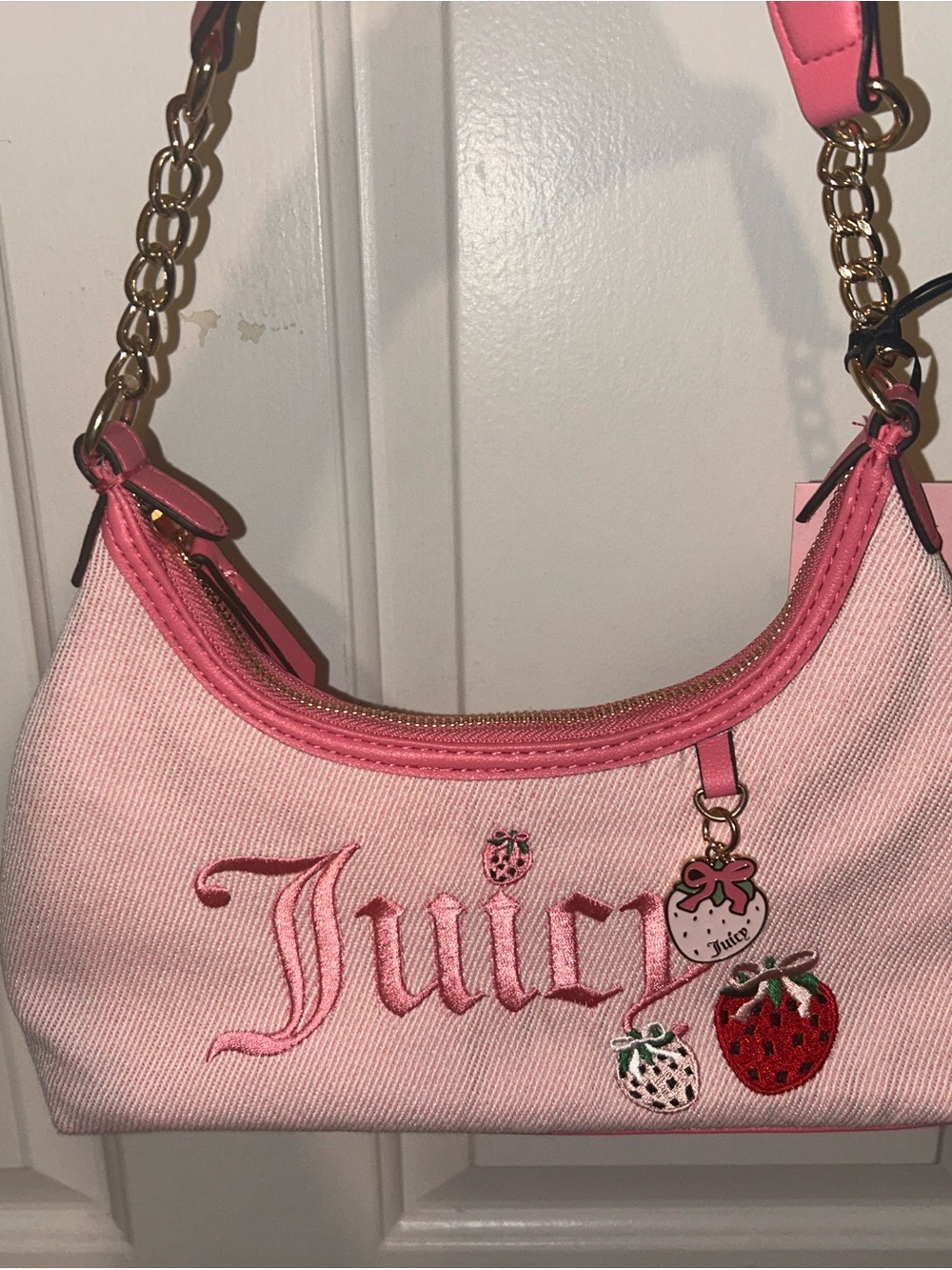 Juicy Couture Pink Embroidered Strawberry Charm Shoulder Bag